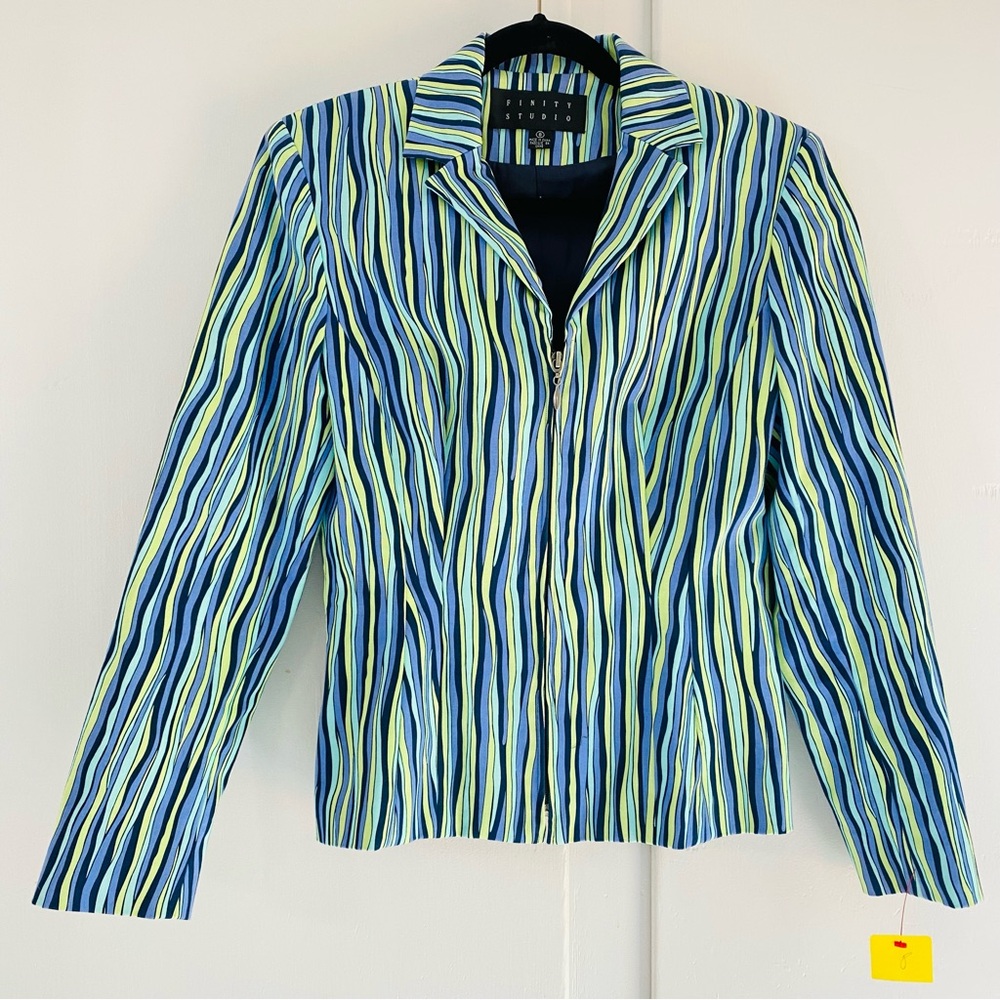 Finity Studio Psychedelic Striped Blue Lime Purple Women's Zip Blazer Jacket 8
